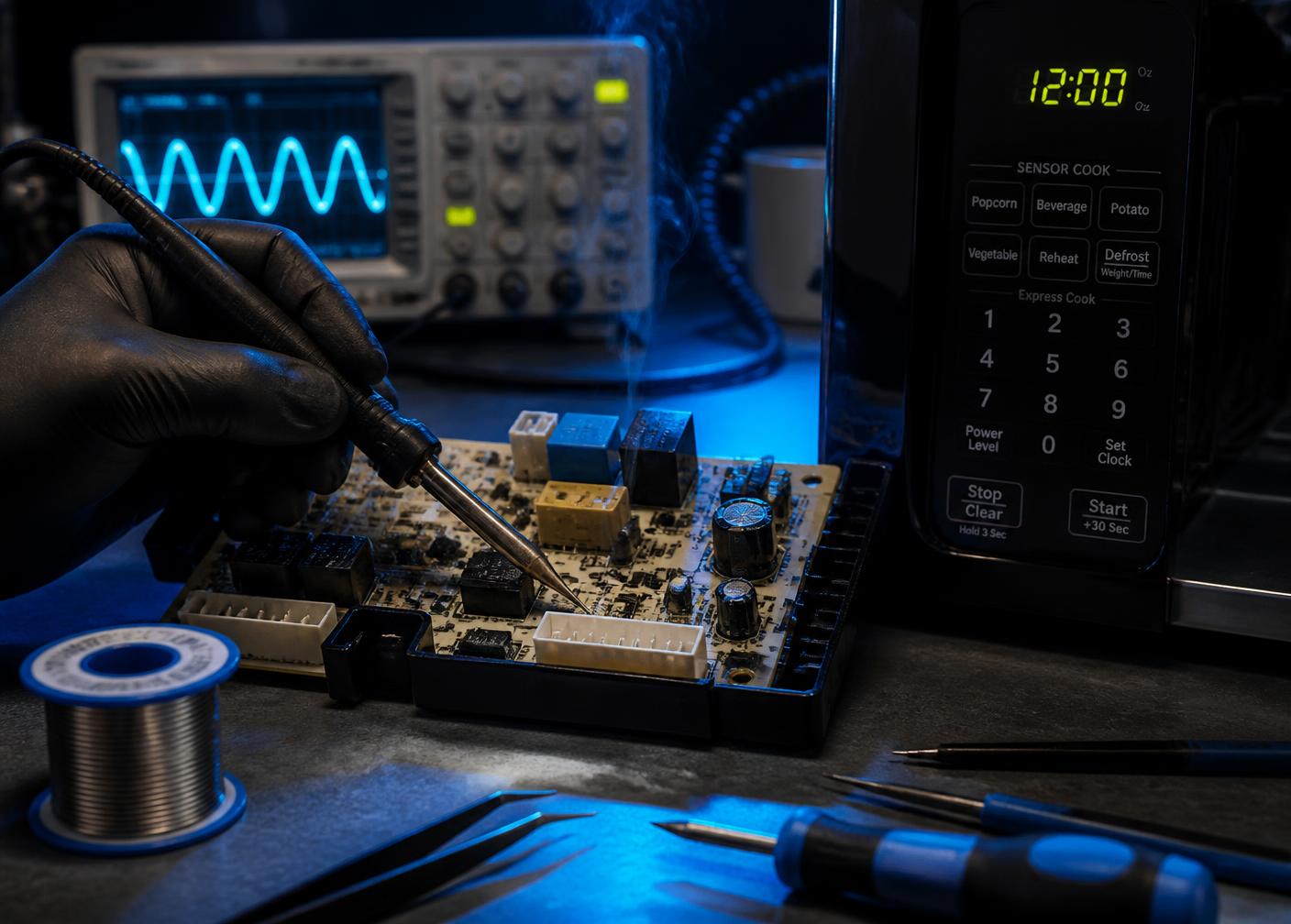 Reparo de placa eletrônica de micro-ondas na bancada da Tec Lar