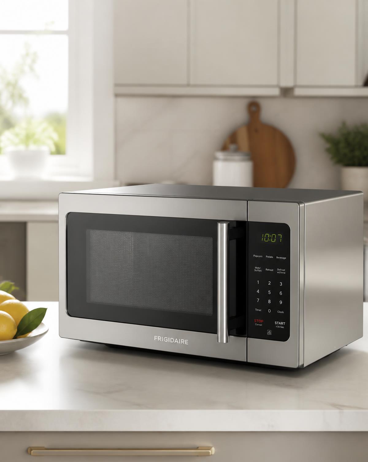 Micro-ondas moderno em bancada de cozinha residencial clara