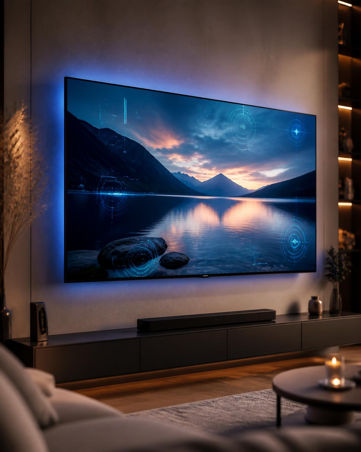 TV LED moderna instalada em sala de estar com iluminação elegante
